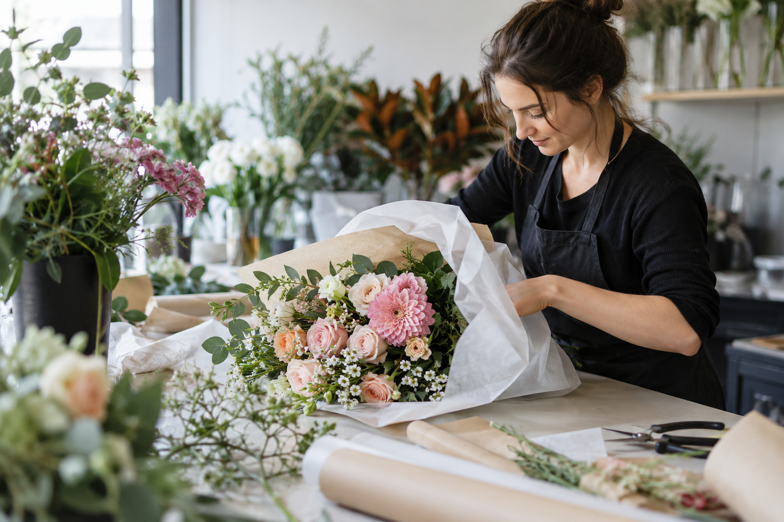 Florist wrapping a bouquet for birthday delivery