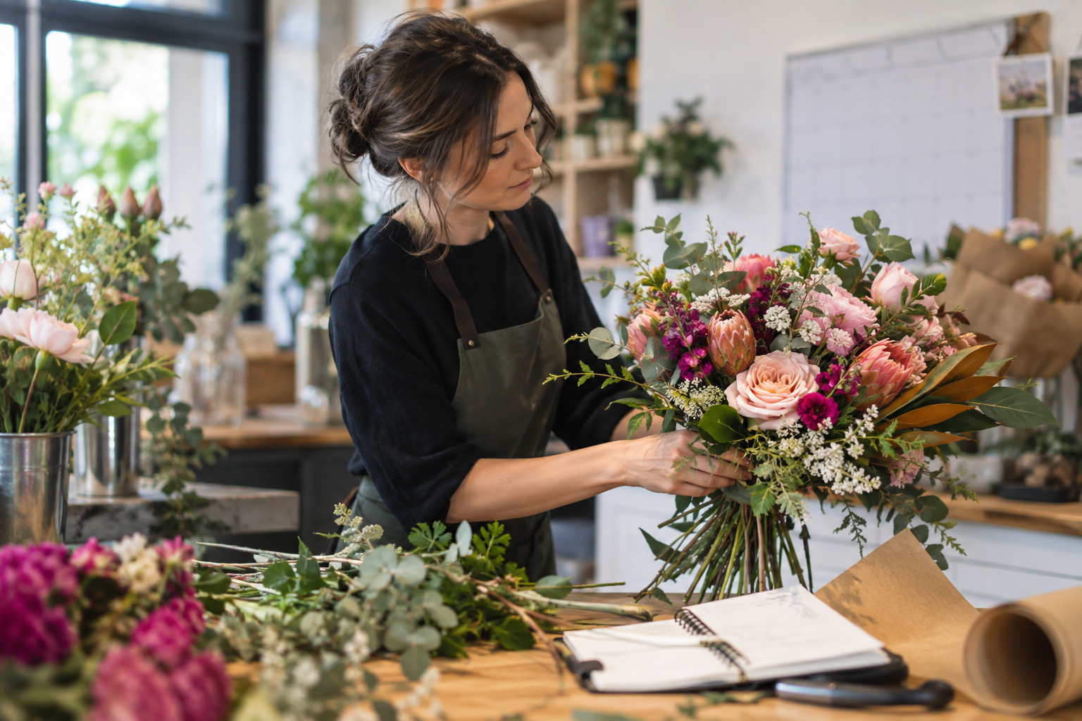 Florist preparing a birthday bouquet beside an order book
