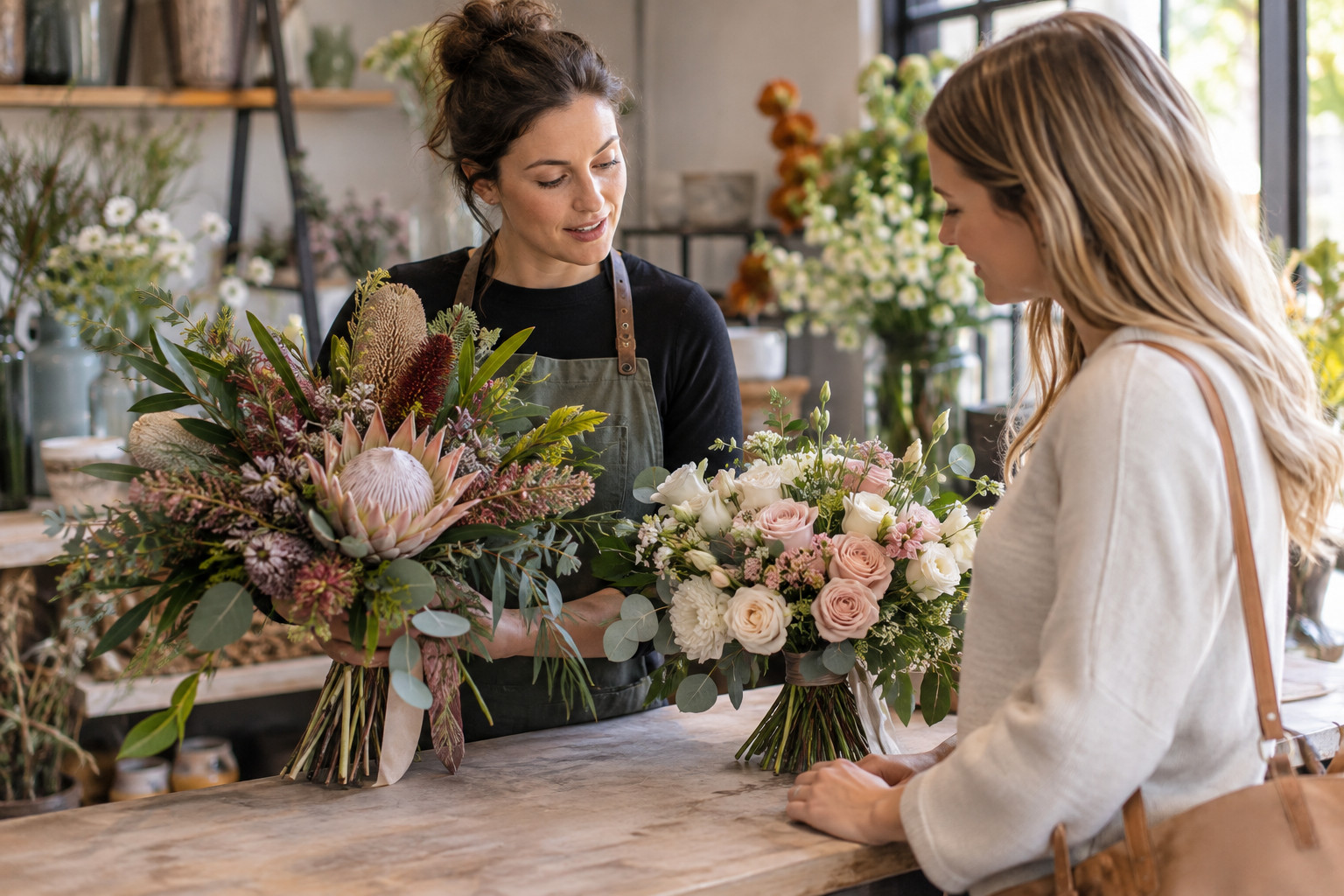 Florist discussing native and softer flower bouquets with a customer