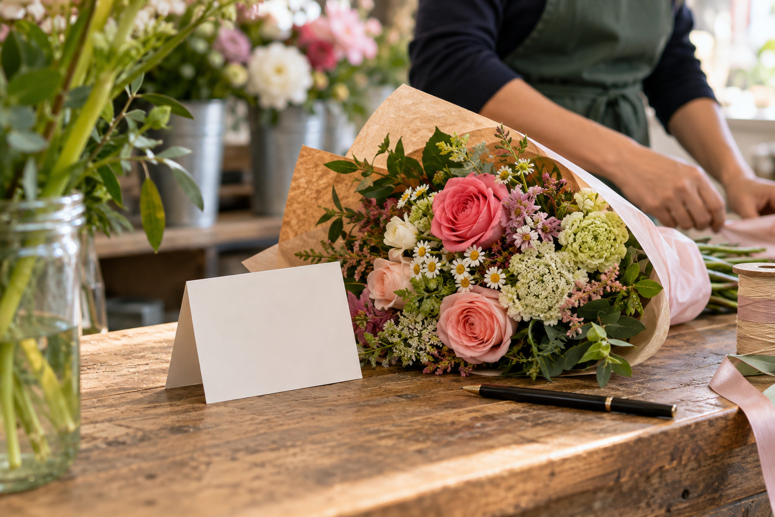 Blank birthday card beside a wrapped bouquet and pen