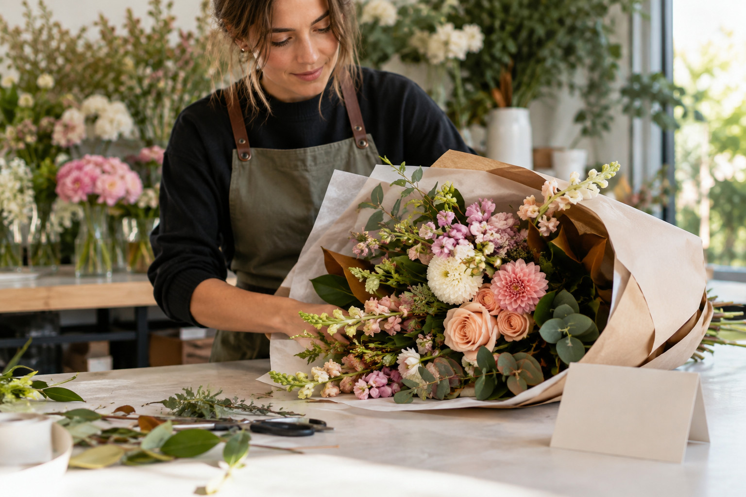 Wrapped birthday bouquet and blank greeting card on a florist workbench