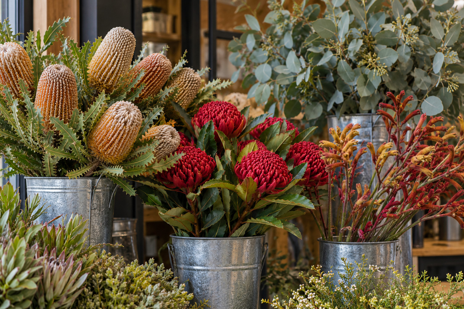 Buckets of banksia, waratah and other Australian native flowers