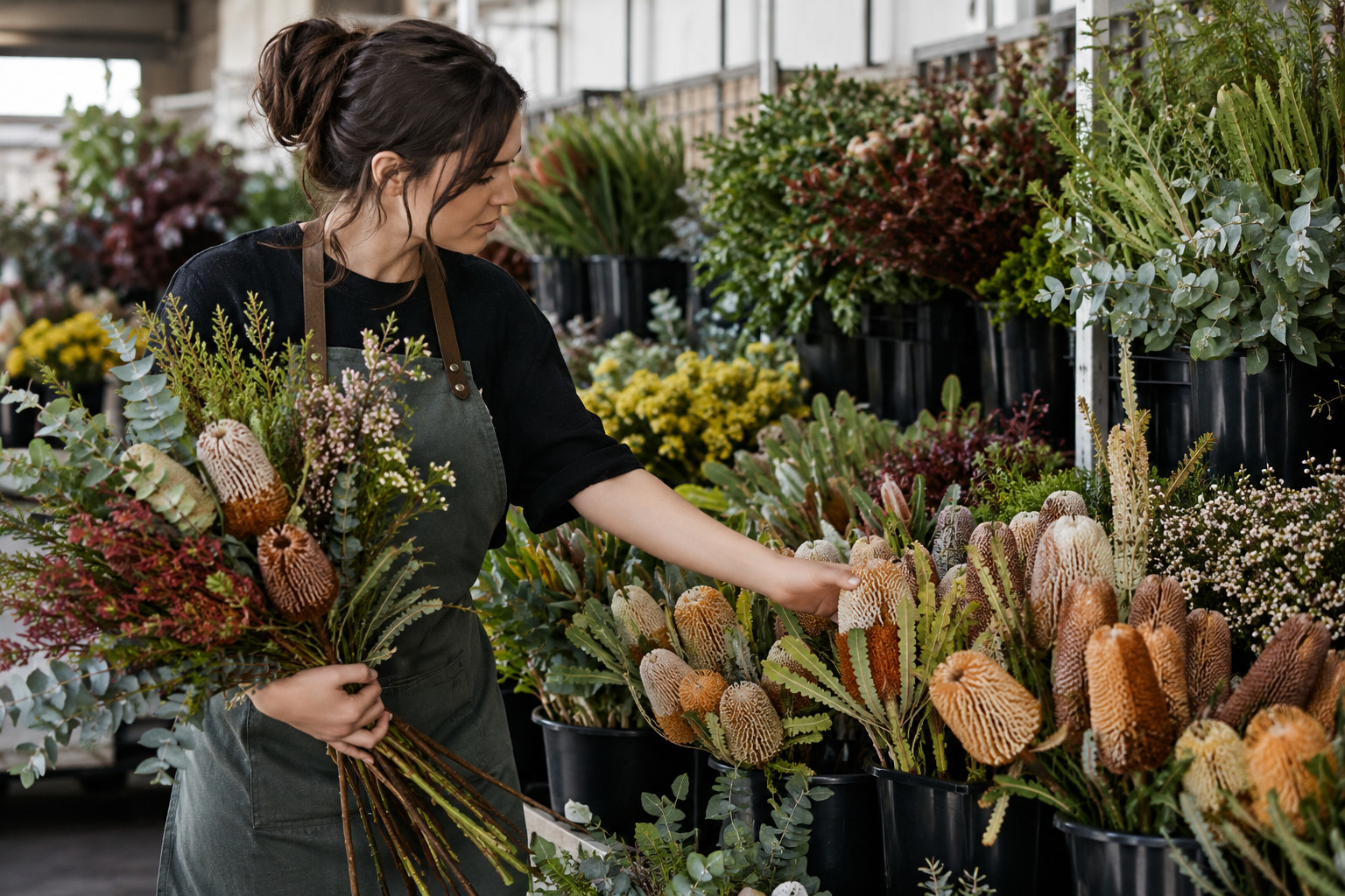 Florist selecting native flower stems from studio buckets