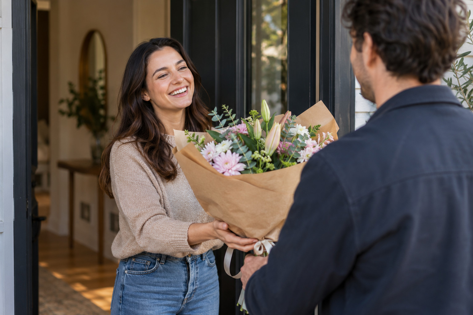 Birthday bouquet being handed to a recipient at her front door