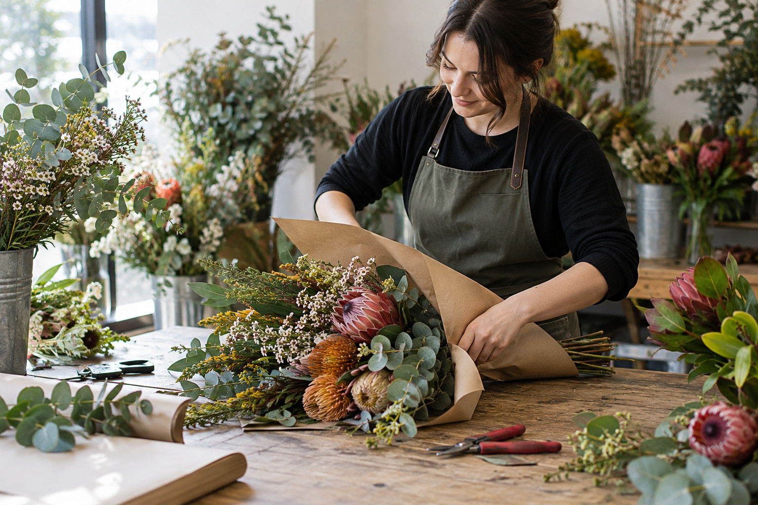 Florist wrapping an Australian native flower bouquet for delivery