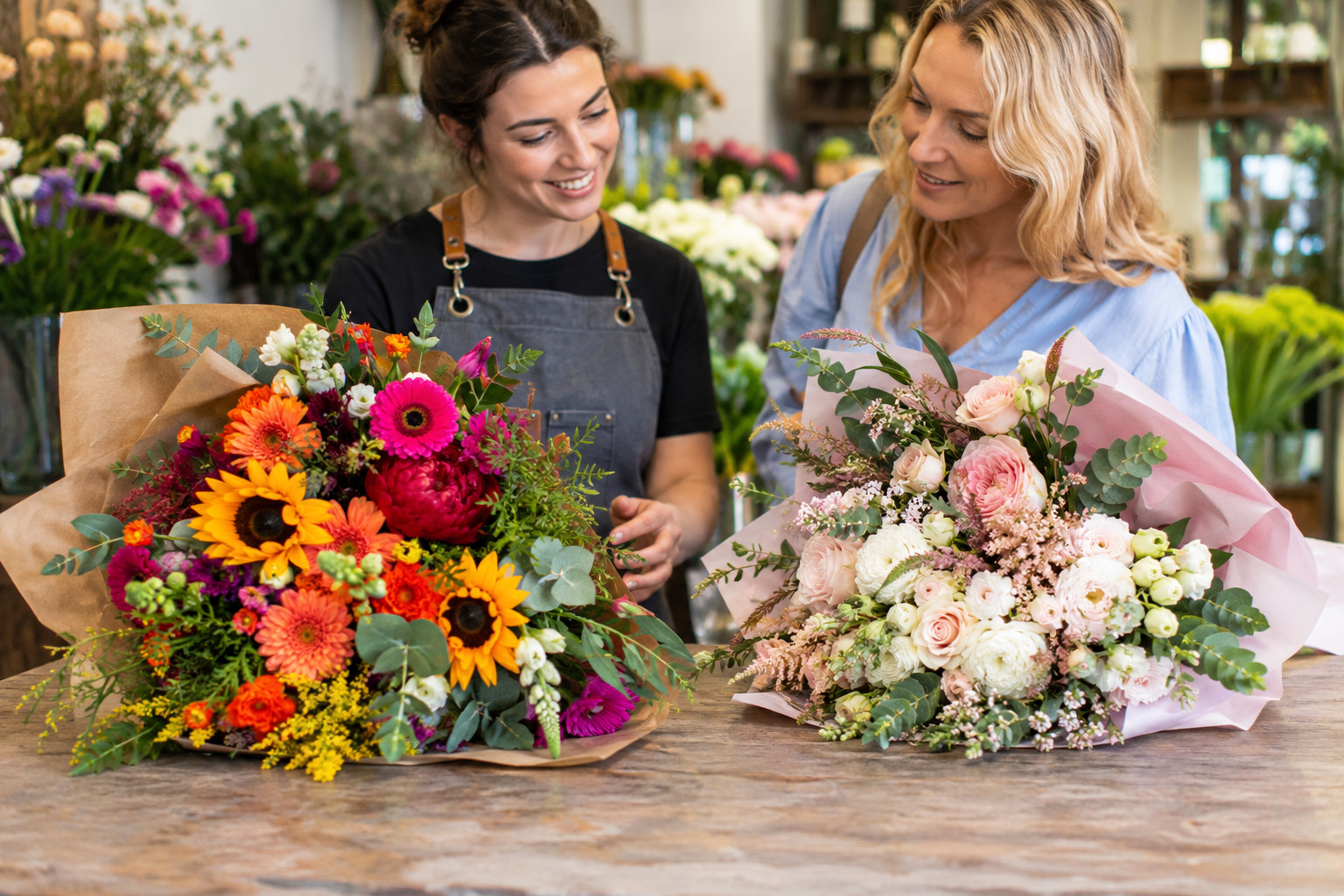 Florist and customer comparing bright and pastel flower arrangements