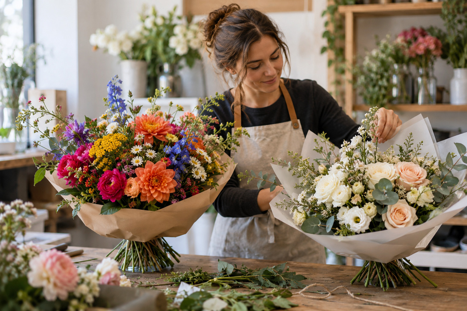 Florist holding bright and soft birthday bouquet options