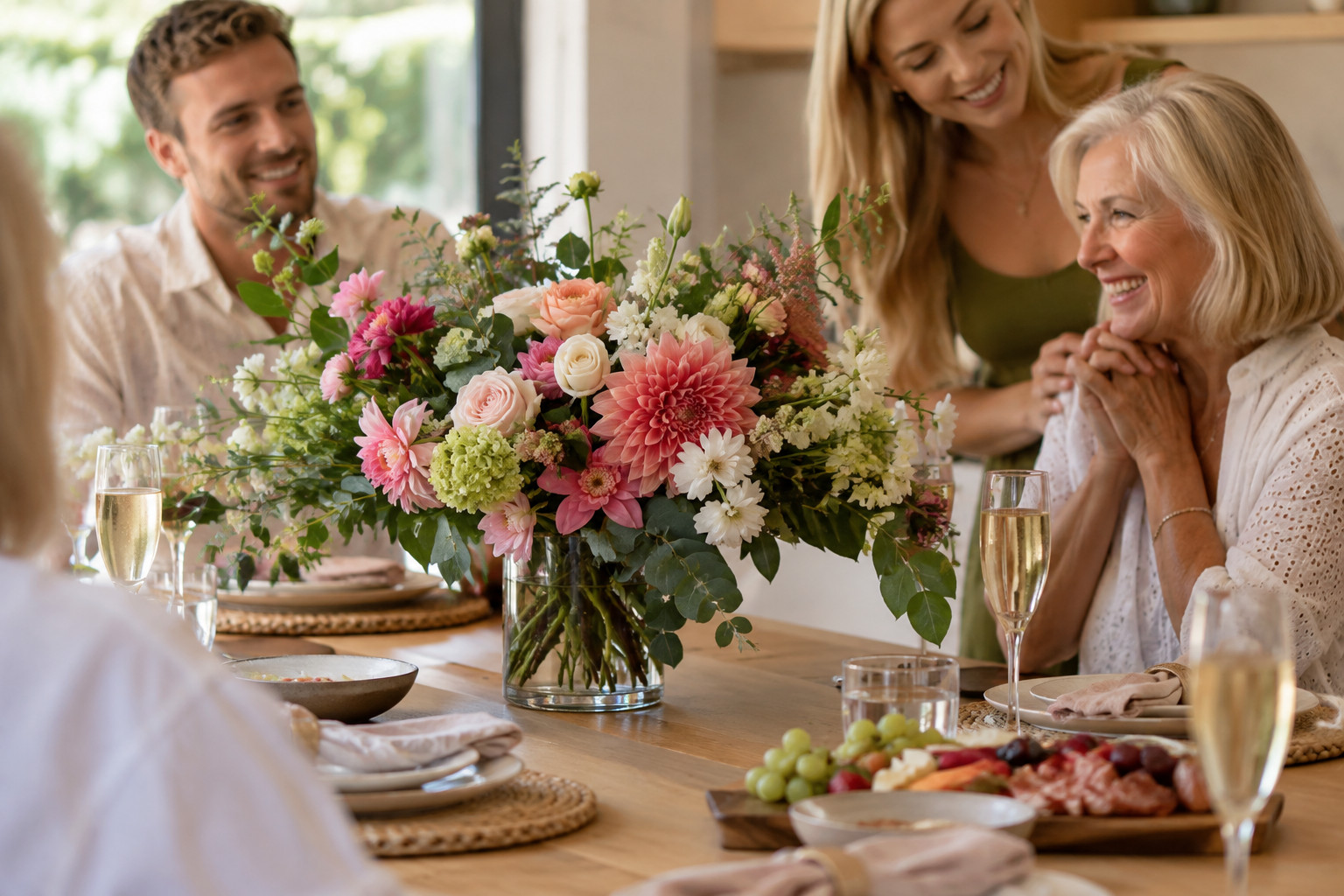 Family celebrating with a large floral arrangement on a dining table
