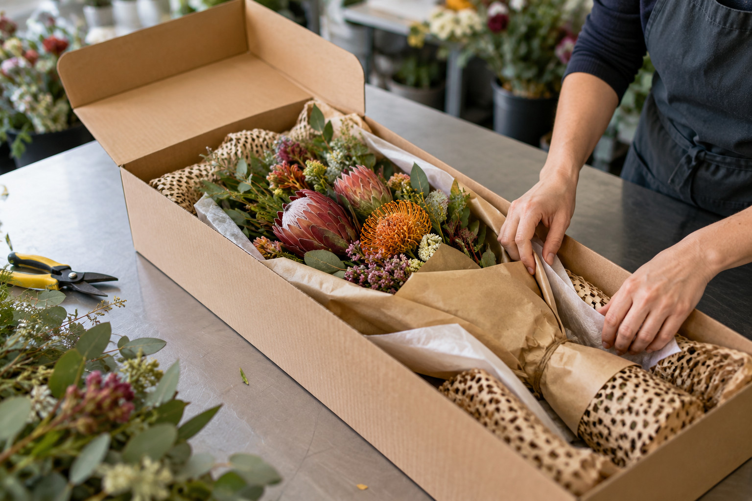Native flower arrangement being packed in a protective shipping box