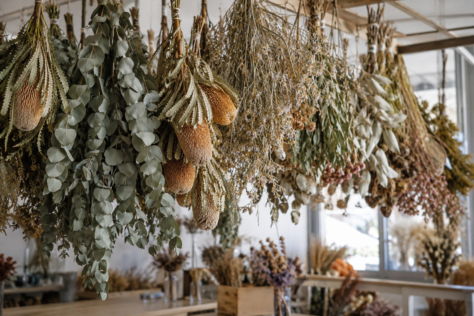 Dried native flowers and eucalyptus hanging in a florist studio