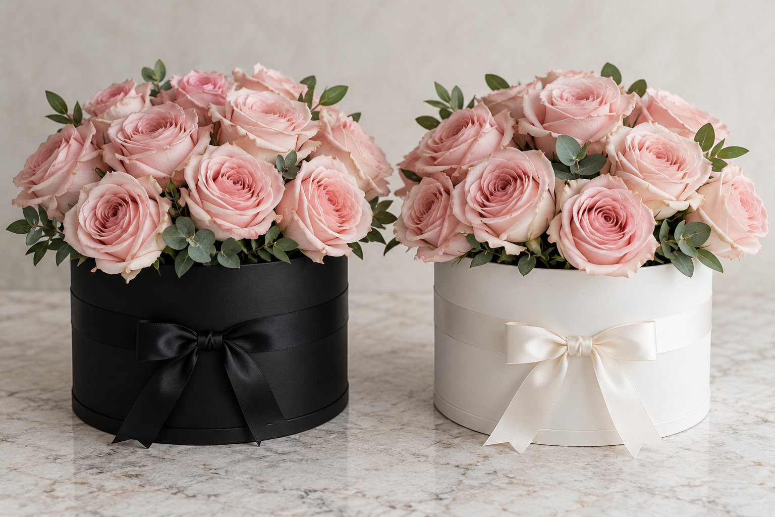 Blush pink roses in black and white round presentation boxes side by side.