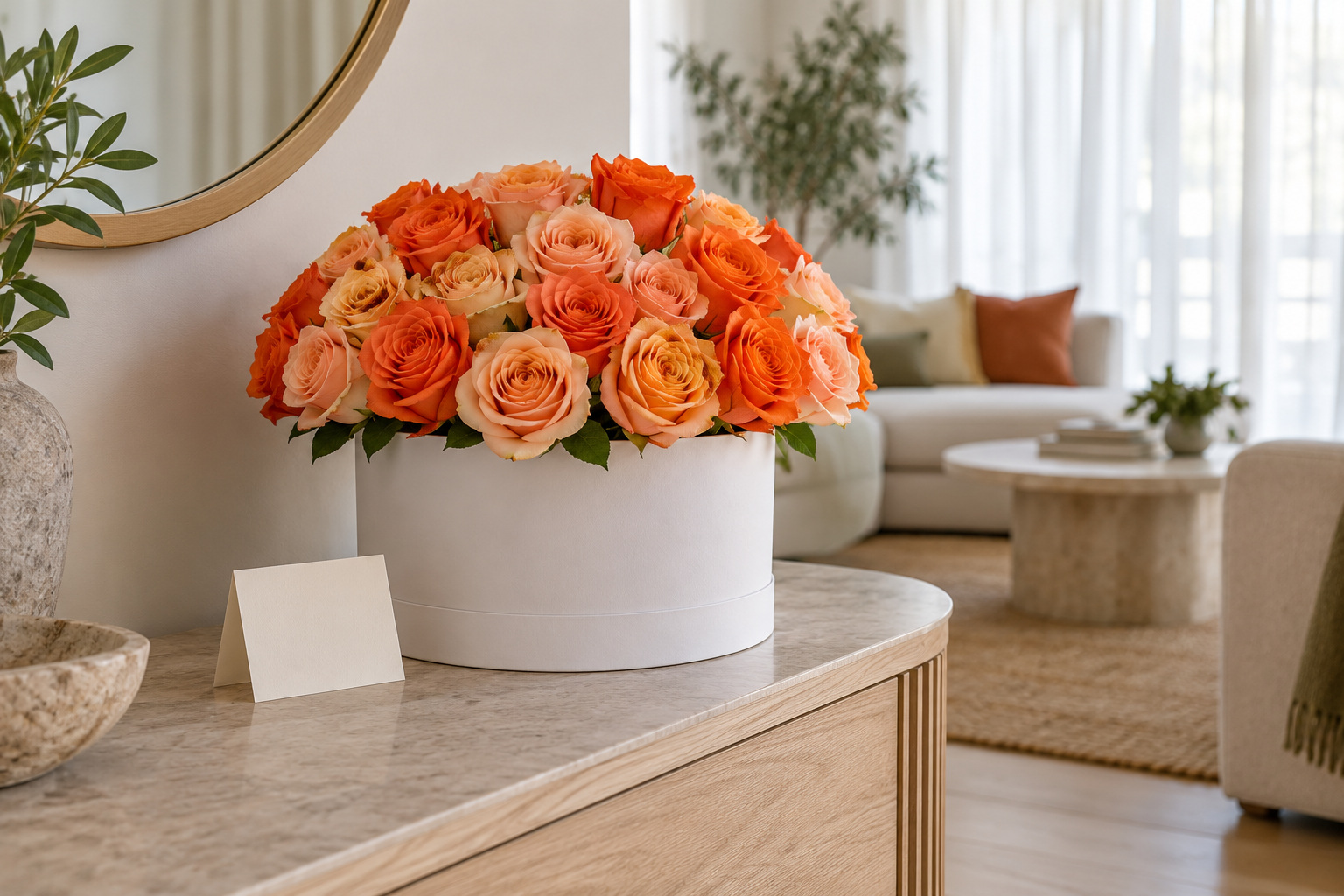 Orange and peach roses in a white box displayed on a shaded console beside a folded card.