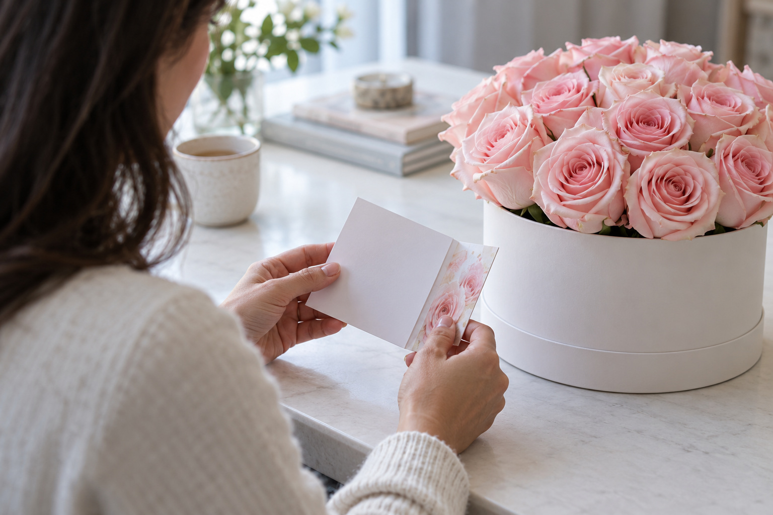 A recipient holds an opened care card beside blush roses in a white box.