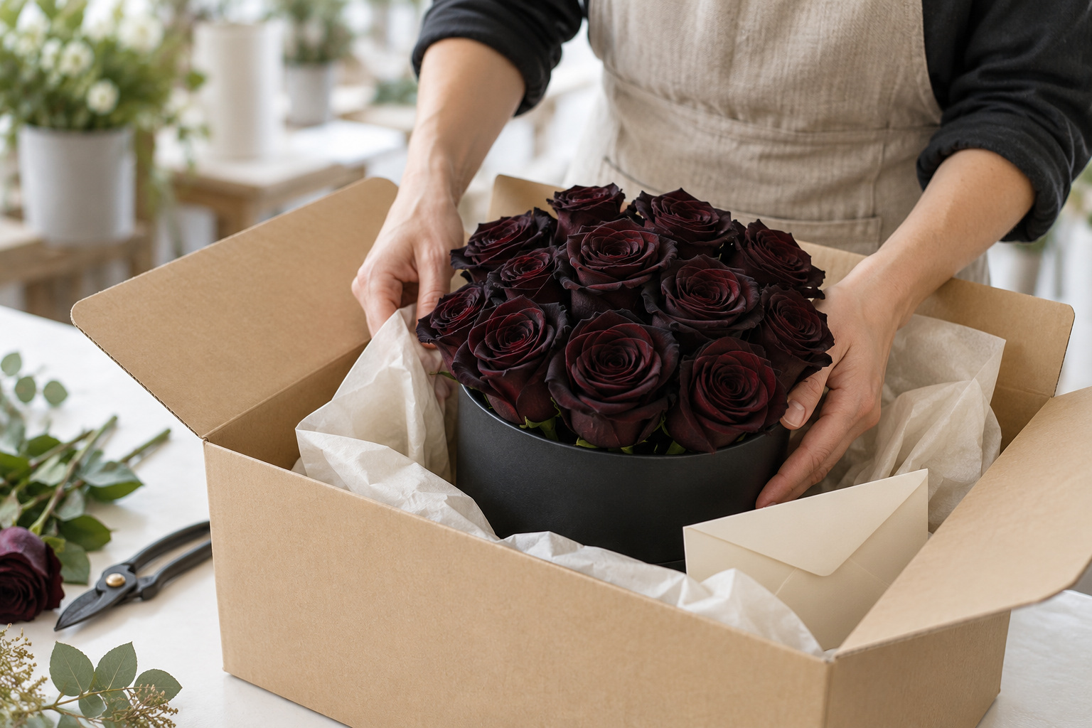 A florist packs dark roses in a black box into a tissue-lined delivery carton.