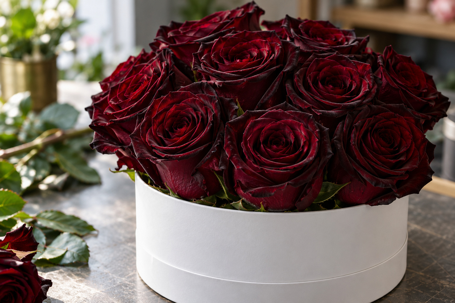 Dark burgundy roses arranged in a white round gift box on a florist counter.