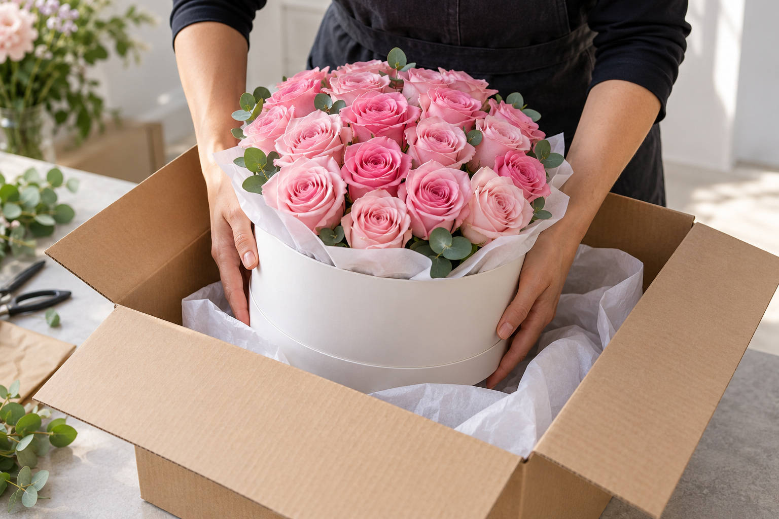 A florist places a white box of pink roses into a tissue-lined delivery carton.