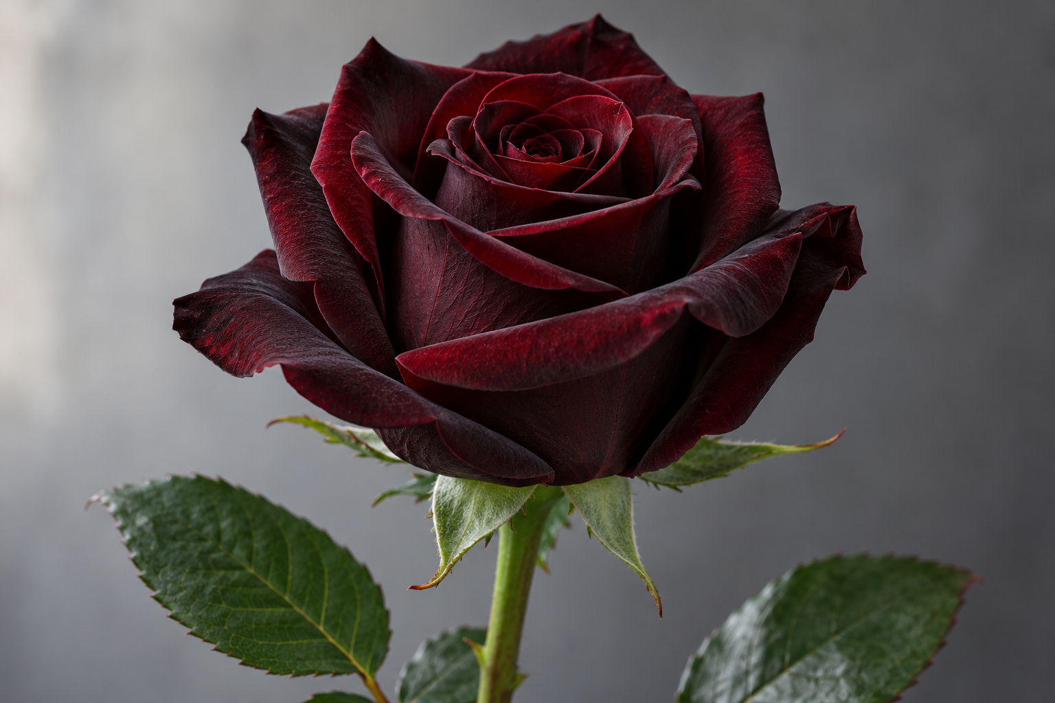 Close view of a dark burgundy rose with green sepals, stem and leaves.