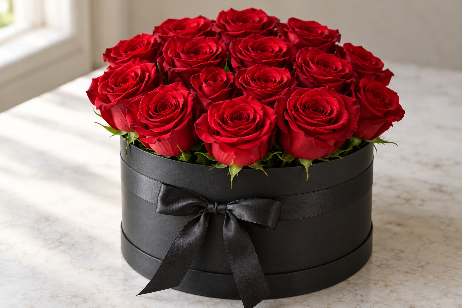 Red roses in a round black presentation box tied with a black satin ribbon.