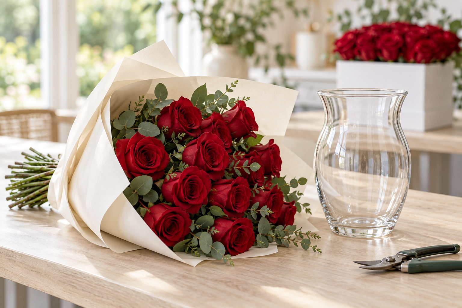 A wrapped red rose bouquet beside a clear vase and florist secateurs, with boxed roses behind.