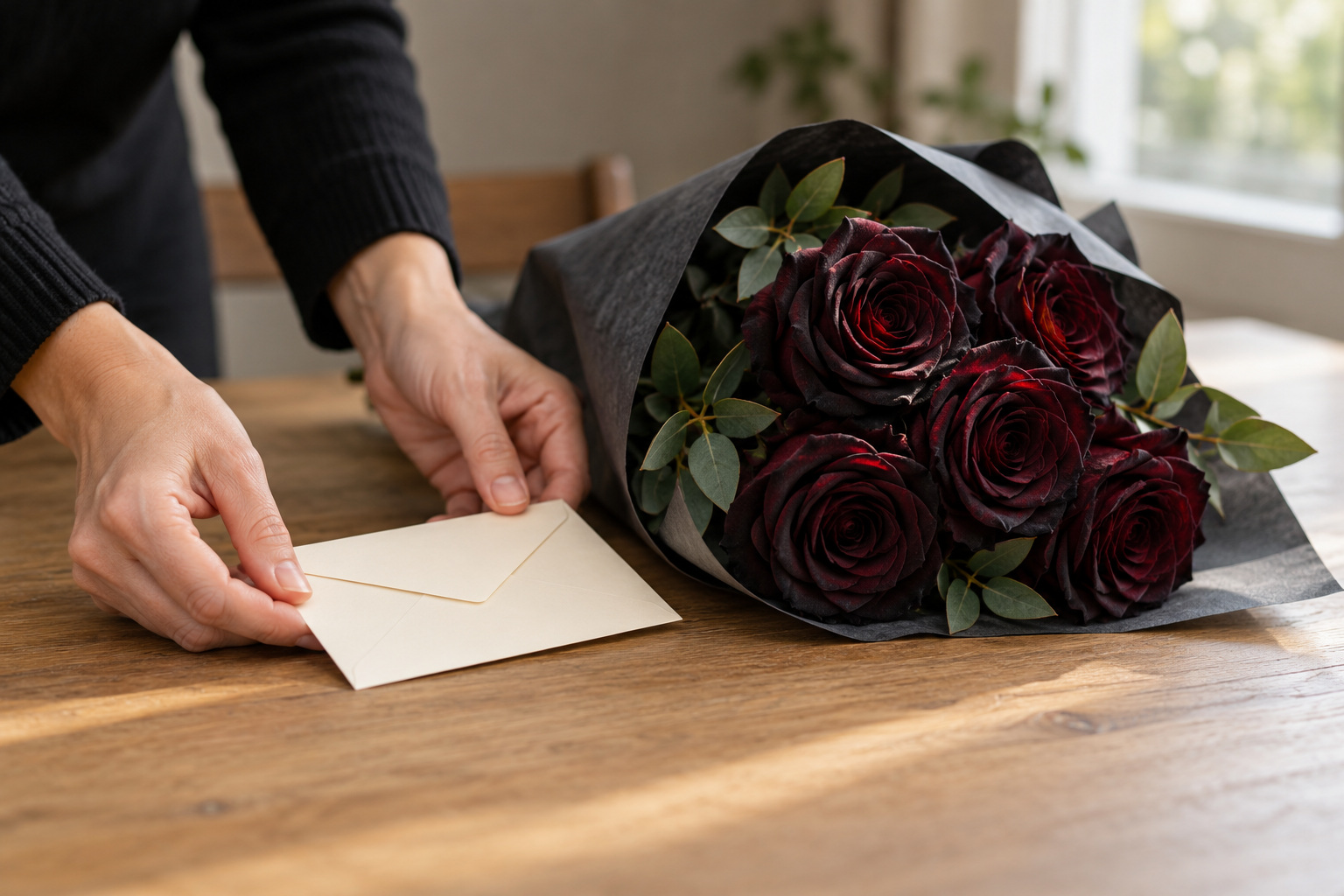Hands place a cream envelope beside a wrapped bouquet of dark burgundy roses.